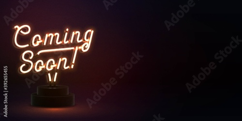 Vector realistic isolated neon sign of Coming Soon logo with copy space for template decoration and layout covering.
