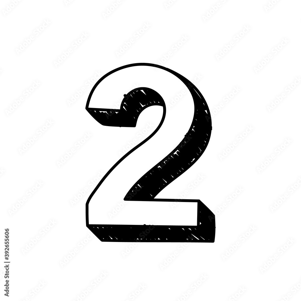 Number 2 hand-drawn font alphabet. Vector illustration of Arabic