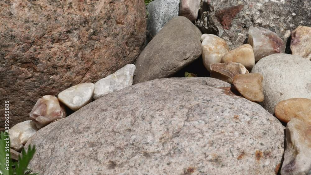 Pile Of Granite And Pebble Rocks In Garden At Sunny Summer Day. Panning Dolly Slider Shot.. Pile Of Granite And Pebble Rocks In Garden At Sunny Summer Day. Panning Dolly Slider Shot..