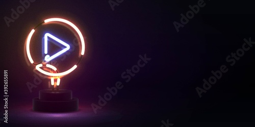 Vector realistic isolated neon sign of Video Player logo for decoration and covering. Concept of social media and movie studio.