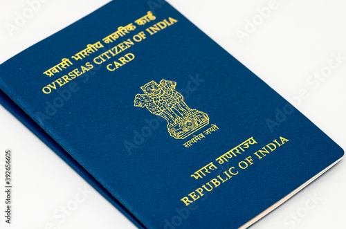 New Delhi, India - October 05 2019: Close up of Overseas Citizen of India identity card in New Delhi, India