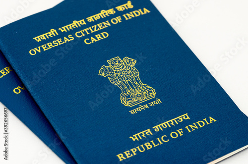 New Delhi, India - October 05 2019: Close up of Overseas Citizen of India identity card in New Delhi, India