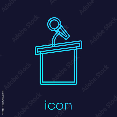 Turquoise line Stage stand or debate podium rostrum icon isolated on blue background. Conference speech tribune. Vector.