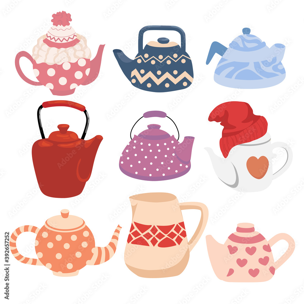 A set of teapots with tea. Side view. Colored trendy vector illustration. Hygge style. Flat design. Cartoon. Isolated white background.
A set of teapots with tea. Side view. Colored trendy vector illustration. Hygge style. Flat design. Cartoon. Isolated white background.