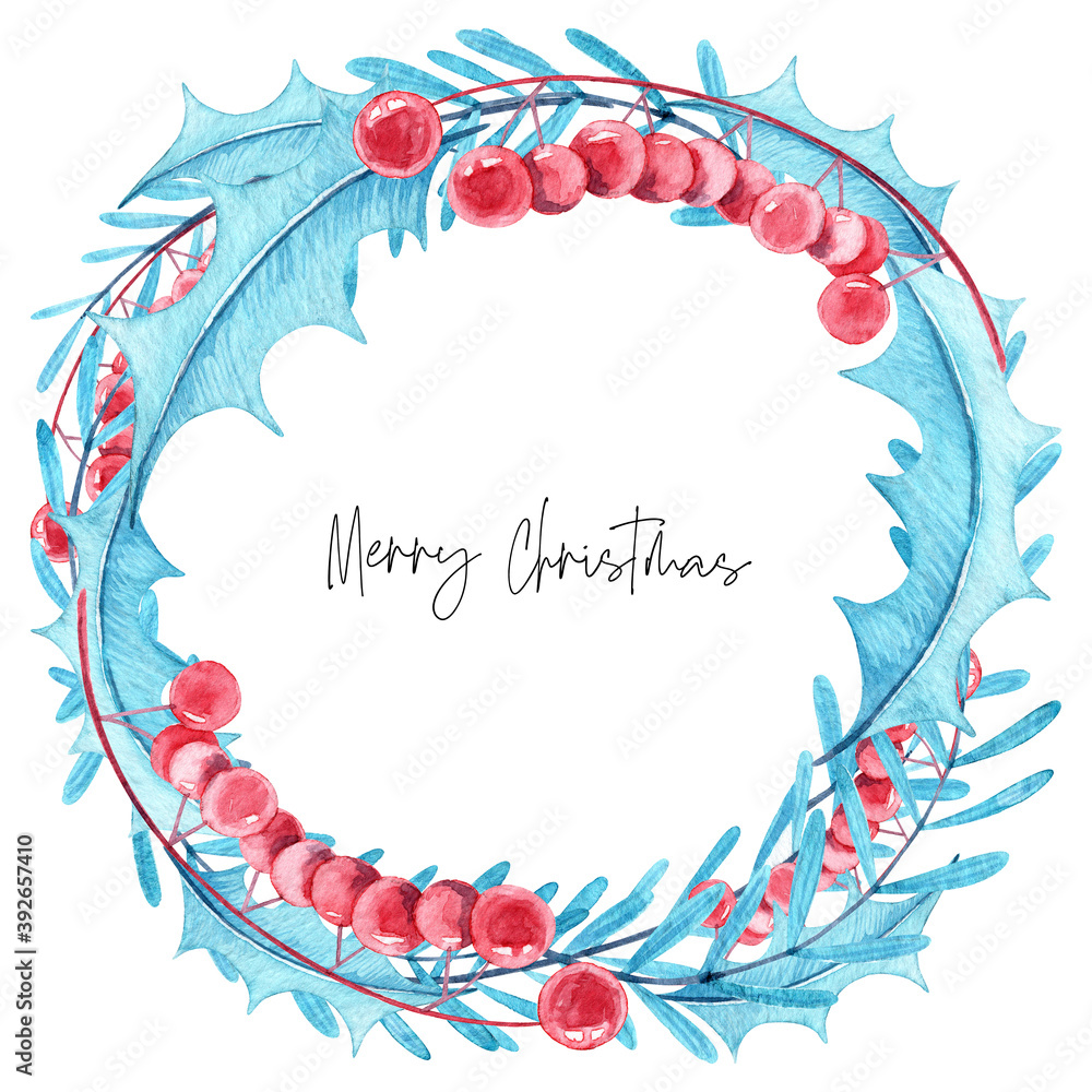 Watercolor Christmas wreath with turquoise leaves and viburnum