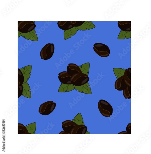 Coffee beans seamless pattern. Seeds of coffee with lives randomly placed on a blue background. Packaging with a repeating texture. photo