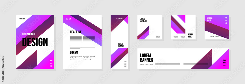Set of abstract template layouts with creative shapes, suitable for business project events, flyers/leaflet, banner ads, brochure covers, identity, and social media posts. Vector backgrounds.