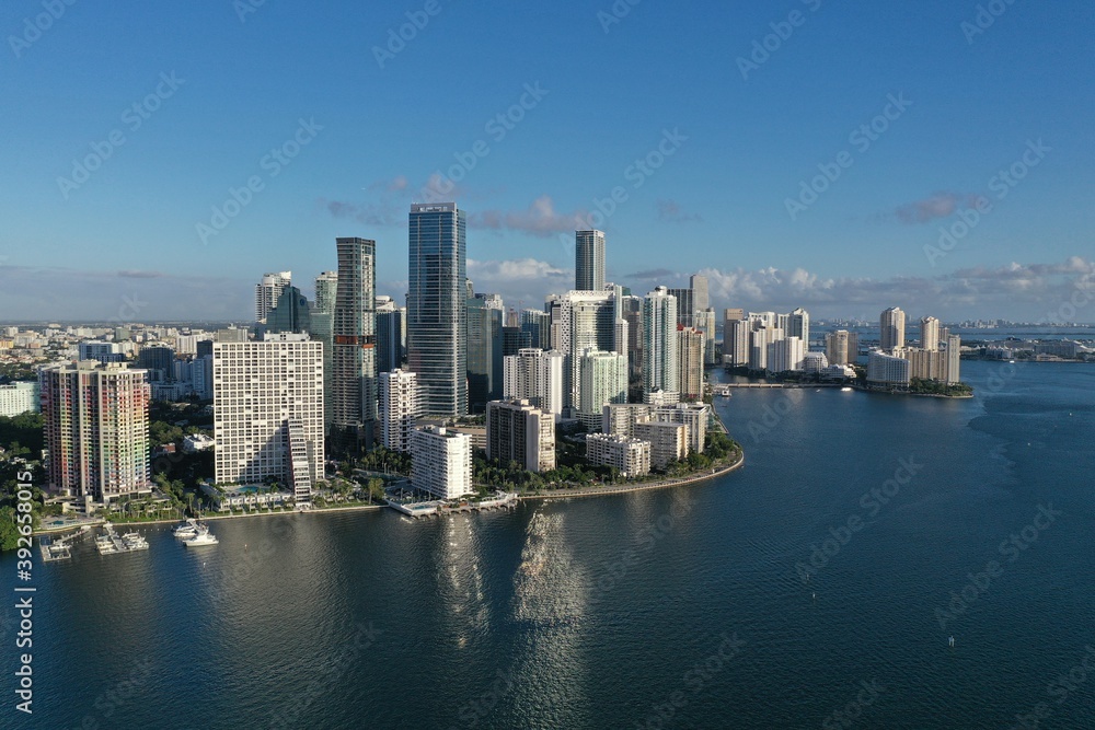 Aerial view of City of Miami skyline on sunny autumn morning.
