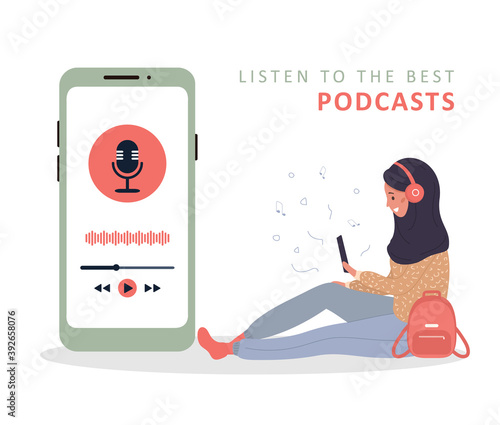 Young smiling islamic woman in headset listening to music and recording audio podcast. Logo, application, user interface. Vintage vector illustration in flat cartoon style.