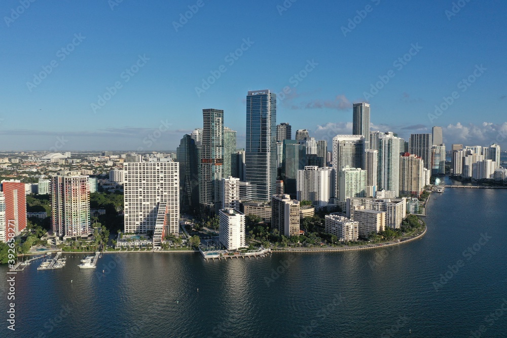 Aerial view of City of Miami skyline on sunny autumn morning.