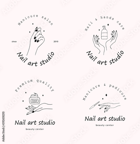 Nail art studio logo set. Modern design for beauty center, spa salon, manicure and pedicure bar. Linear vector illustration.