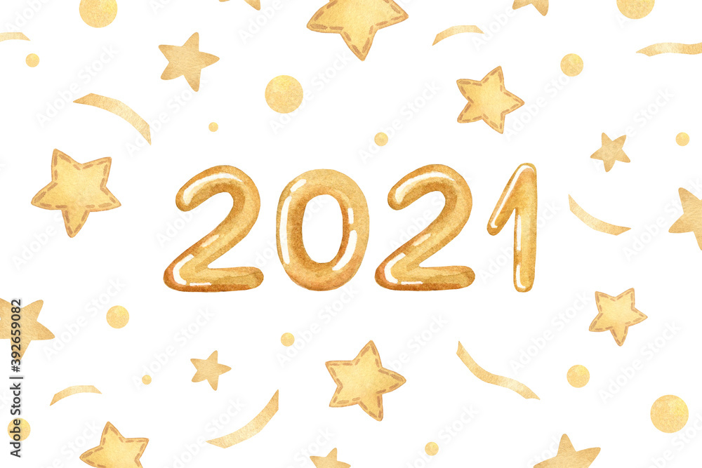 New Year 2021 card. Nice watercolor hand drawn gold numbers of new 2021 year. Festive postcard. Happy New Year! New Year 2021 card. Nice watercolor hand drawn gold numbers of new 2021 year. Festive postcard. Happy New Year!