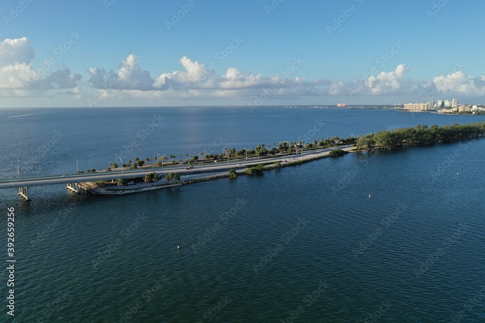 Aerial view of Rickenbacker Causeway and bridge between Miami and Key Biscayne, Florida on sunny autumn morning.