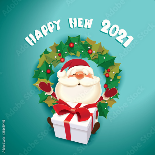 Santa Claus with a gift box and Christmas wreath, Happy New Year 2021 celebrate concept