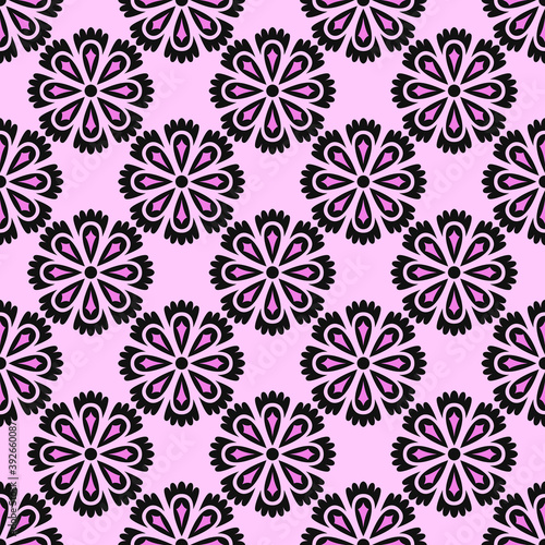 vector black and pink ethnic floral mandala seamless pattern on pink