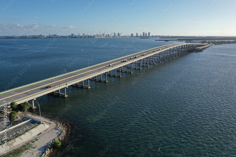 Aerial view of Rickenbacker Causeway and bridge between Miami and Key Biscayne, Florida on sunny autumn morning.
