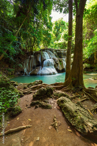 Huay Mae Khamin Waterfall. Nature landscape of Kanchanaburi district in natural area. it is located in Thailand for travel trip on holiday and vacation background, tourist attraction.