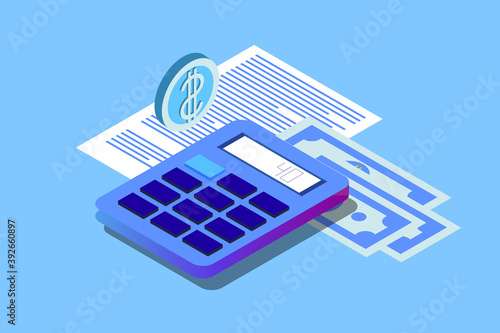 Financial audit business concept. Can use for web banner, infographics, hero images. Flat isometric vector illustration isolated on Blue background.