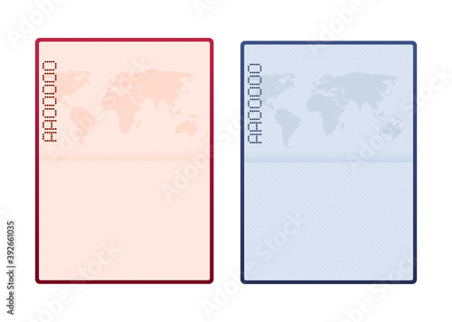 Blank open passport template. International passport with sample personal data page. Vector stock illustration.