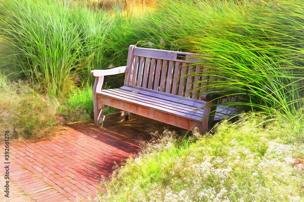 Obraz premium Wooden bench in the park colorful painting