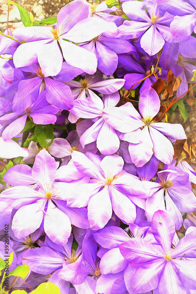 Beautiful lilac flowers close up view colorful painting