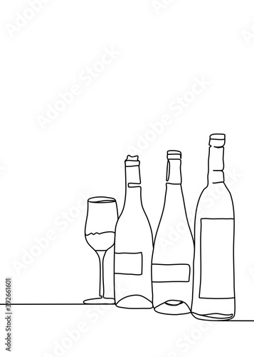 One continuous line drawing, set bottle of wine