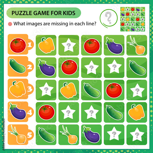 Sudoku puzzle. What images are missing in each line? Vegetables. Pepper, tomato, cucumber, onion, eggplant. Logic puzzle for kids. Game for children. Worksheet vector design for schoolers.