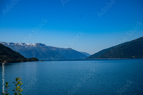 View to a fjord with mountains on the backside in Norway