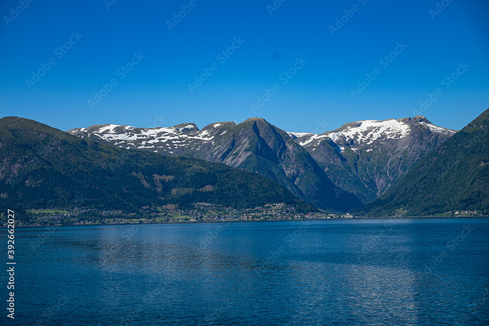 Mountains in the distance at a fjord