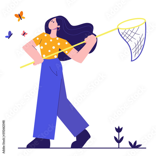 Girl catching butterflies with net. Vector flat illustration isolated on white background.
