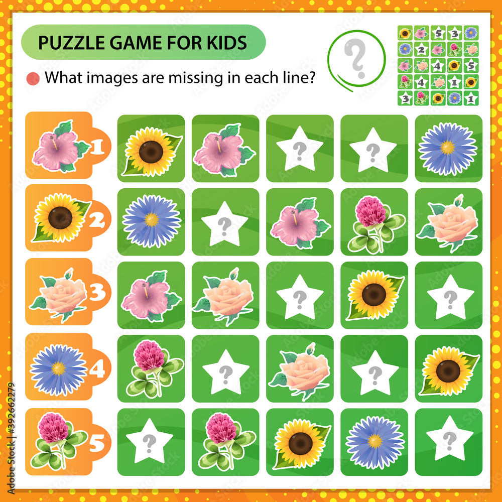 Fototapeta premium Sudoku puzzle. What images are missing in each line? Flowers. Rose, sunflower, mallow, aster, clover. Logic puzzle for kids. Game for children. Worksheet vector design for schoolers.