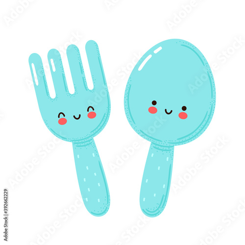 Cute happy funny fork and spoon
