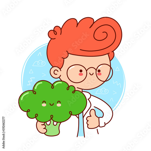 Cute happy doctor hold broccoli