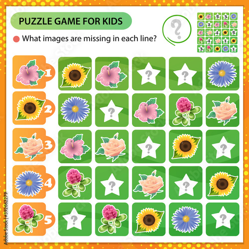 Sudoku puzzle. What images are missing in each line? Flowers. Rose, sunflower, mallow, aster, clover. Logic puzzle for kids. Game for children. Worksheet vector design for schoolers.