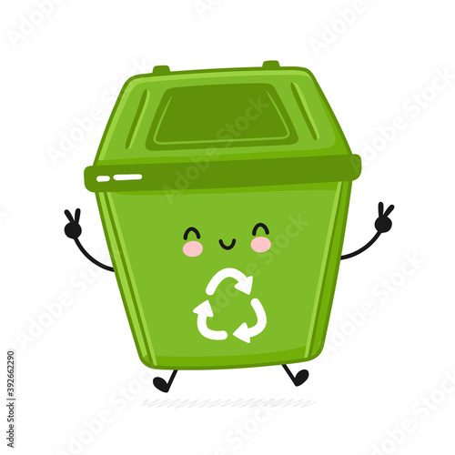 Cute happy garbage container. Vector flat 
