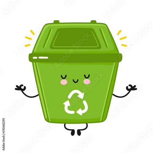 Cute happy garbage container meditate in yoga pose