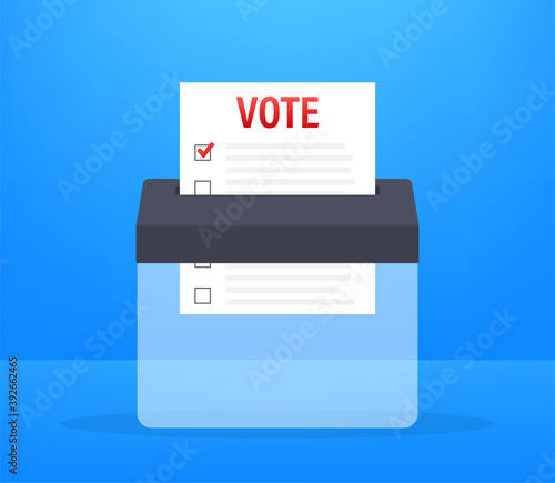 Hand puts vote bulletin into vote box. Voting concept. Ballot box. Vector stock illustration.