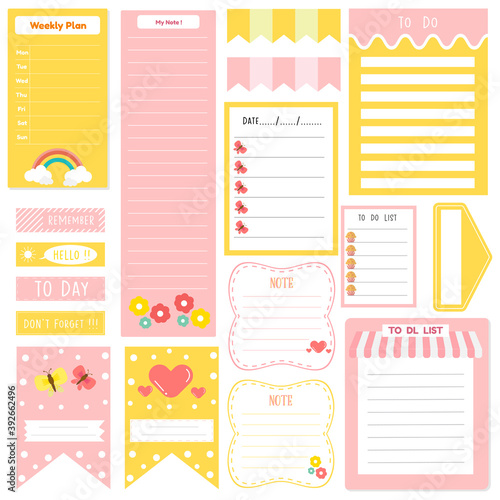 Cute paper notes in sweet color set. Printable planner stickers. Template for your message. Decorative planning element. Vector illustration.