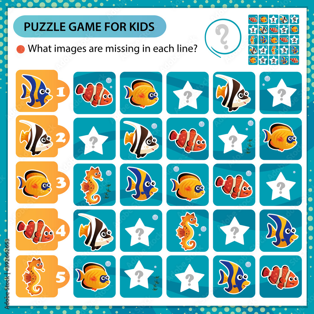 Sudoku puzzle. What images are missing in each line?  Aquarium fishes. Clownfish, guppy, angelfish, seahorse. Logic puzzle for kids. Game for children. Worksheet vector design for schoolers