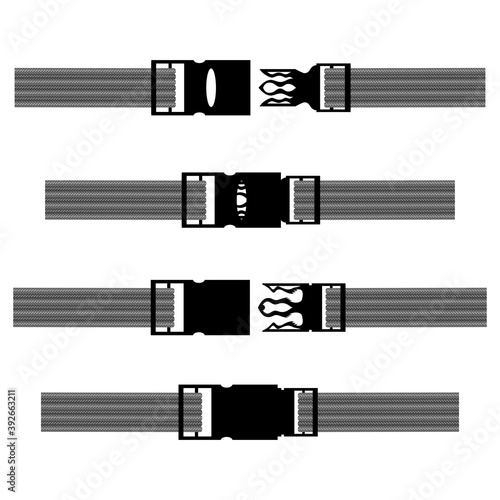 Set of Backpack Plastic Bucle Claps Isolated on White Background. Accessories for Clothes. Opened and Closed Fastener.