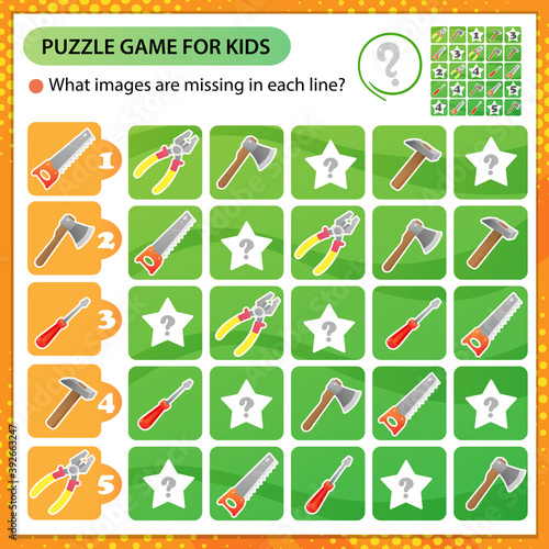 Sudoku puzzle. What images are missing in each line? Tools. Saw, wrench, pliers, hammer, axe, screwdriver. Logic puzzle for kids. Game for children. Worksheet vector design for schoolers.