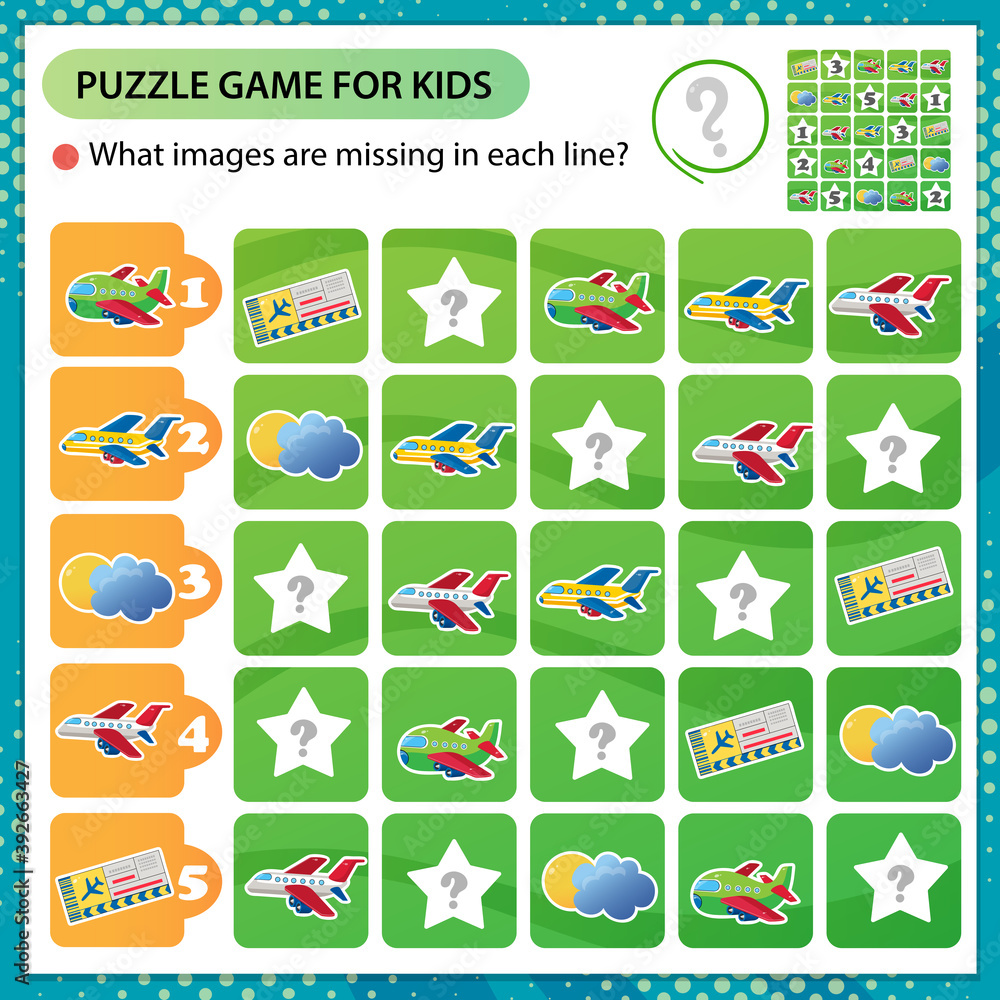 Sudoku puzzle. What images are missing in each line? Airplanes. Transport and vehicle. Logic puzzle for kids. Education game for children. Worksheet vector design for schoolers