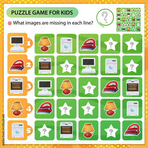 Sudoku puzzle. What images are missing in each line? Electrical goods and household equipment. Logic puzzle for kids. Education game for children. Worksheet vector design for schoolers.