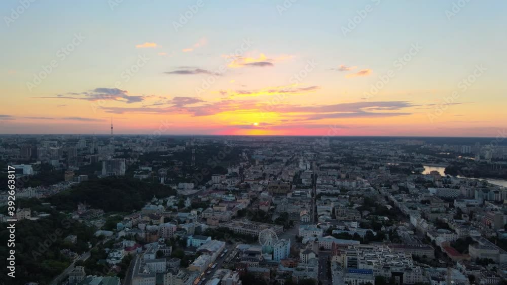 Aerial view of the skyline of Kiev during the sunset.
