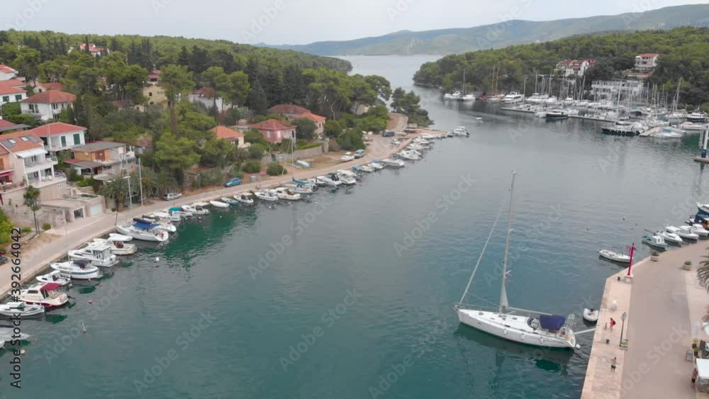 Dalmatian Island Inlet with Boats in Croatia. Aerial Establishing Dalmatian Island Inlet with Boats in Croatia. Aerial Establishing
