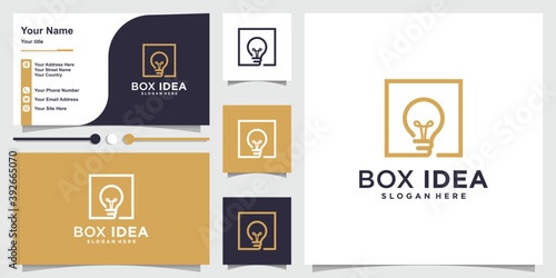Box idea logo with modern line art concept and business card design Premium Vector
