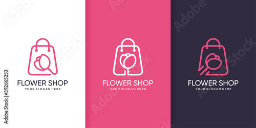 Flower shop logo template with line art style Premium Vector