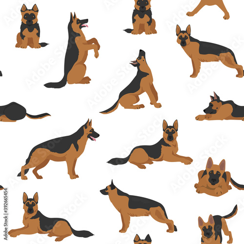 German shepherd dogs in different poses. Shepherd characters seamless pattern