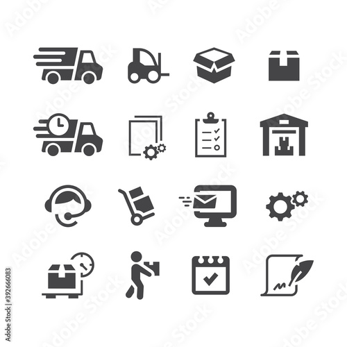 Fulfilment black vector icon set. Delivery icons - hand truck, forklift, warehouse icons.