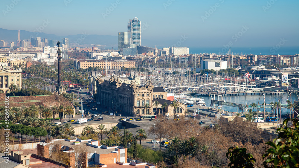 Top view of the old Port Vell, Barcelona, Catalonia, Spain